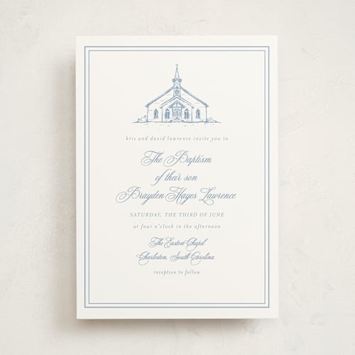 This is a provincial baptism and christening announcements with standard by Melinda Denison called the chapel printing on signature in standard