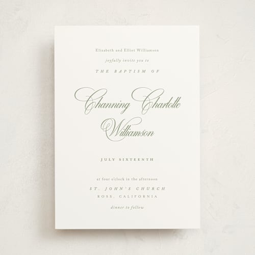 This is a garden baptism and christening announcements with standard by Kelly Schmidt called chic script printing on signature in standard