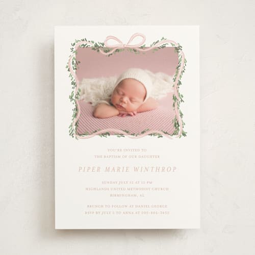 This is a blush baptism and christening announcements with standard by Itsy Belle Studio called ribbonly frame printing on signature in standard