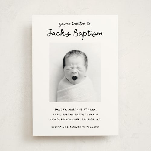 This is a snow baptism and christening announcements with standard by AK Graphics called cursive printing on signature in standard