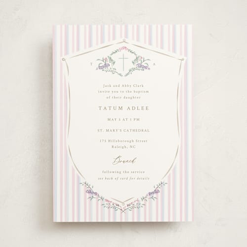 This is a peony baptism and christening announcements with standard by Corinne Malesic called vintage whimsy printing on signature in standard