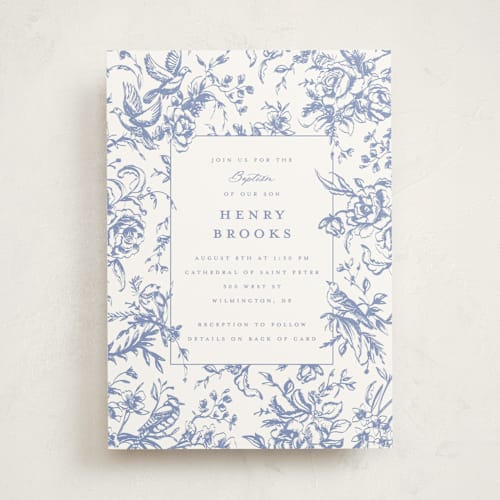 This is a blueberry baptism and christening announcements with standard by Teju Reval called dreamy toile printing on signature in standard