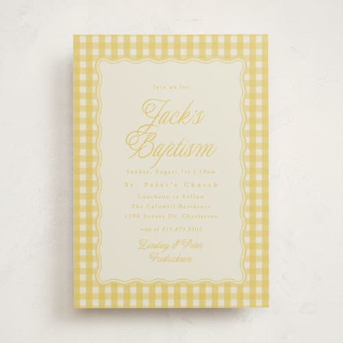This is a lemonade baptism and christening announcements with standard by Brianne Larsen called scalloped gingham printing on signature in standard