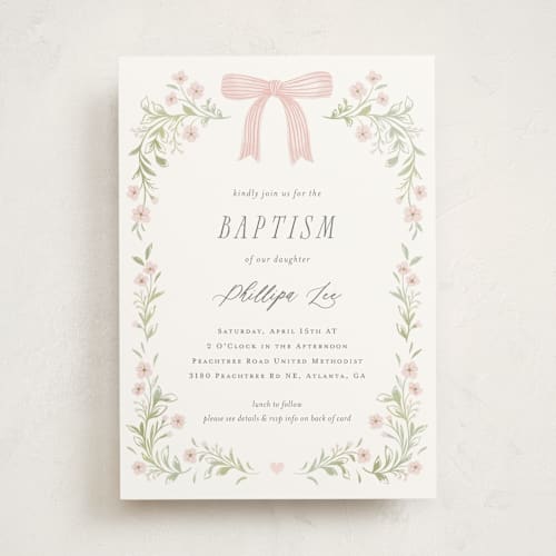 This is a blush baptism and christening announcements with standard by Paper Raven Co. called dainty garden printing on signature in standard