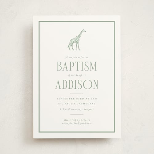 This is a palm baptism and christening announcements with standard by Jenna Holcomb called safari toile printing on signature in standard