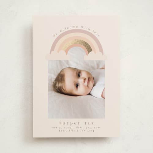 This is a blush foil stamped birth announcements with foil pressed by Angela Thompson called rainbow sky printing on signature in standard