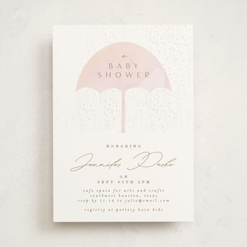 This is a rose foil pressed baby shower invitations with gloss press by Phrosné Barwood called gilded shower printing on signature in standard