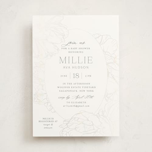 This is a blush foil pressed baby shower invitations with gloss press by Nicoletta Savod called timeless printing on signature in standard