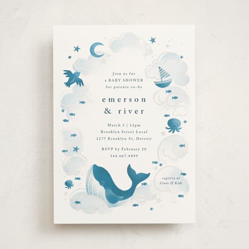 This is a aqua foil pressed baby shower invitations with standard by Snow and Ivy called sea adventure printing on signature in standard