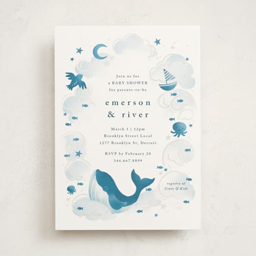 This is a aqua foil pressed baby shower invitations with gloss press by Snow and Ivy called sea adventure printing on signature in standard