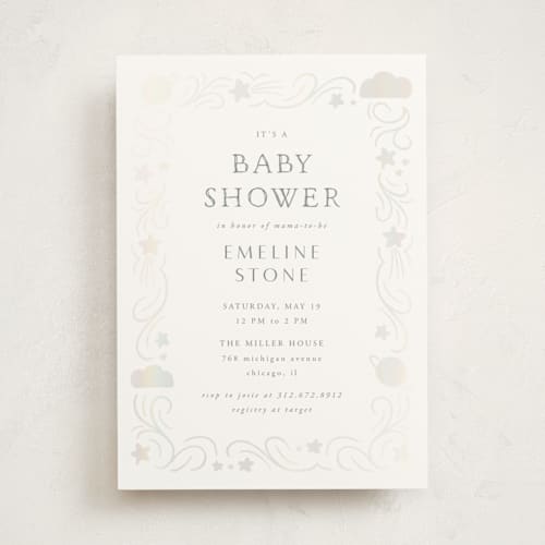 This is a midnight foil pressed baby shower invitations with standard by Lehan Veenker called cloud cover printing on signature in standard