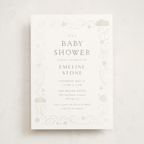 This is a midnight foil pressed baby shower invitations with gloss press by Lehan Veenker called cloud cover printing on signature in standard