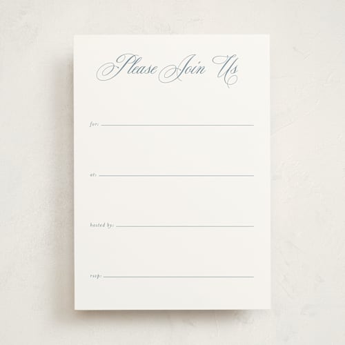 This is a dusty blue blank hosting stationery with standard by Jennifer Postorino called empire printing on signature in standard