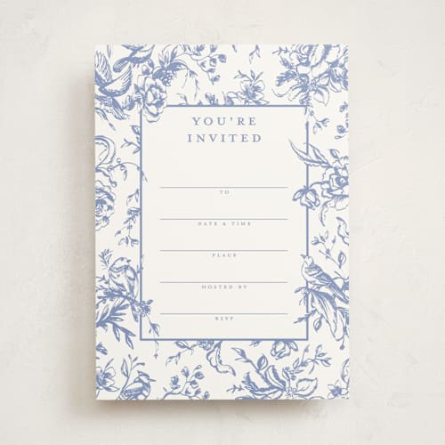 This is a blueberry blank hosting stationery with standard by Teju Reval called dreamy toile printing on signature in standard