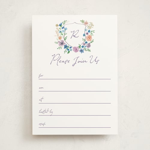 This is a lavender blank hosting stationery with standard by Cass Loh called wildflowers crest printing on signature in standard