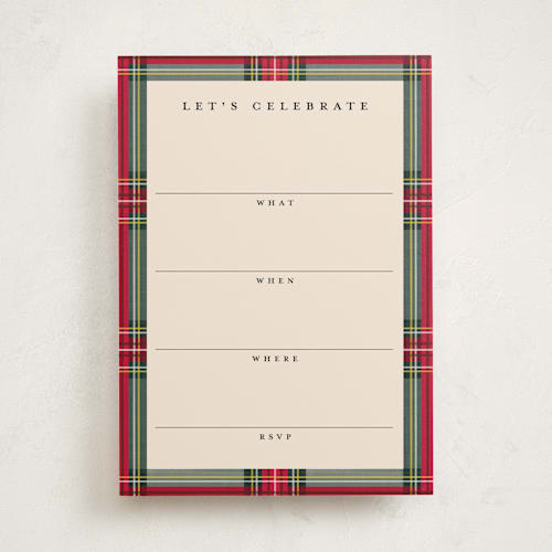 This is a classic blank hosting stationery with standard by Olivia Kanaley Inman called highland holiday printing on signature in standard