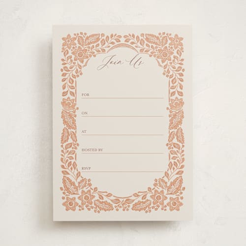 This is a peach fuzz blank hosting stationery with standard by Jen Owens called embroidered printing on signature in standard