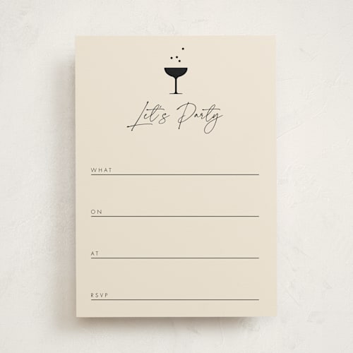 This is a champagne blank hosting stationery with standard by mo kelley called a little shindig printing on signature in standard