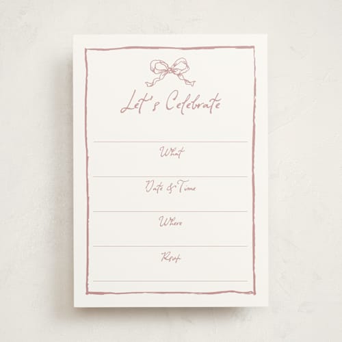 This is a dusty pink blank hosting stationery with standard by Cass Loh called ribbon bow drawing printing on signature in standard