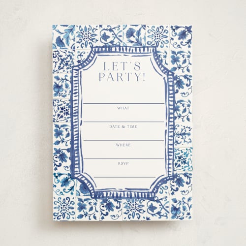 This is a cerulean blank hosting stationery with standard by Jenna Holcomb called amalfi coast printing on signature in standard