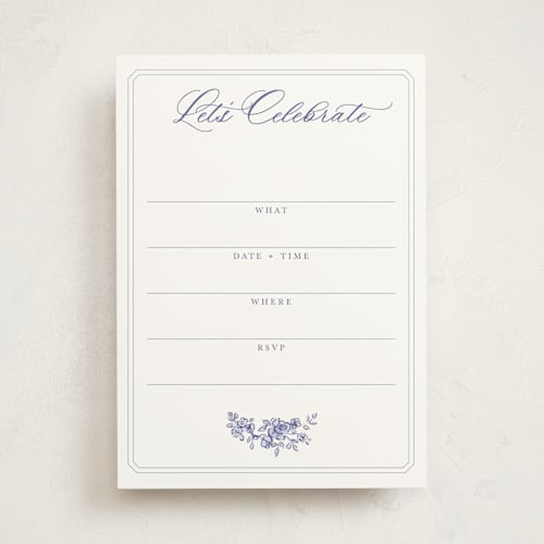 This is a dusty blue blank hosting stationery with standard by Cass Loh called watercolor flowers crest printing on signature in standard