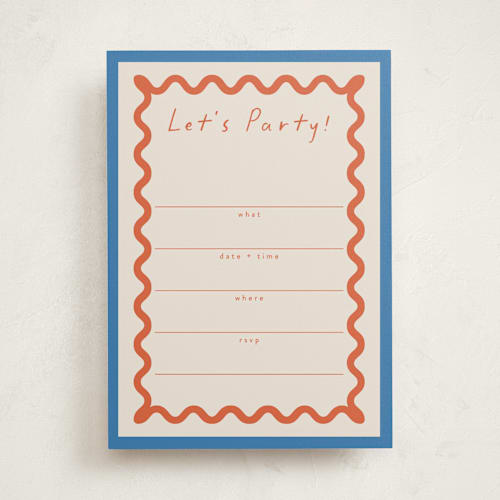 This is a papaya blank hosting stationery with standard by Blustery August called party squiggle printing on signature in standard
