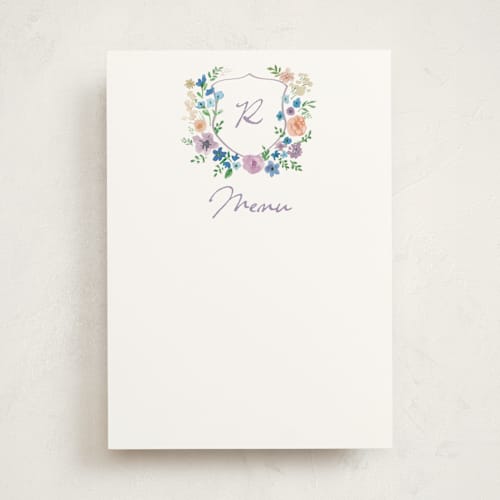This is a lavender blank hosting stationery with standard by Cass Loh called wildflowers crest printing on signature in standard