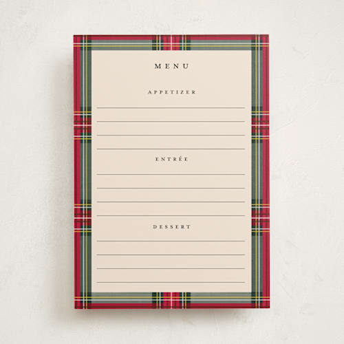 This is a classic blank hosting stationery with standard by Olivia Kanaley Inman called highland holiday printing on signature in standard
