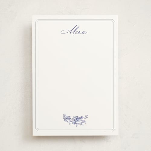 This is a dusty blue blank hosting stationery with standard by Cass Loh called watercolor flowers crest printing on signature in standard