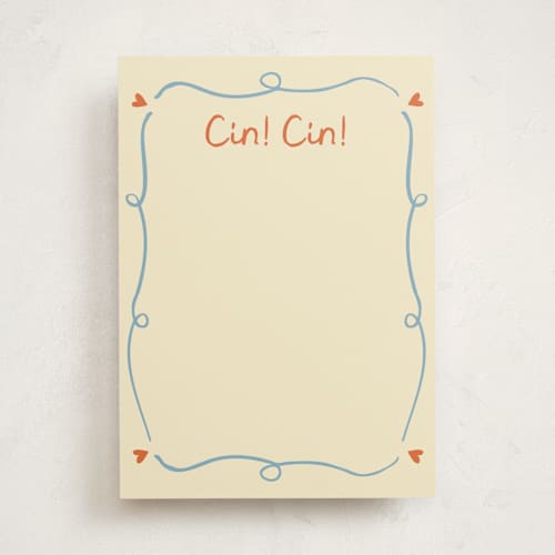 This is a verona blank hosting stationery with standard by Stephanie Heinrich Godbout called cin cin printing on signature in standard