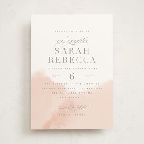 This is a blush bris baby naming invitations with standard by Kristie Kern called whisper printing on signature in standard