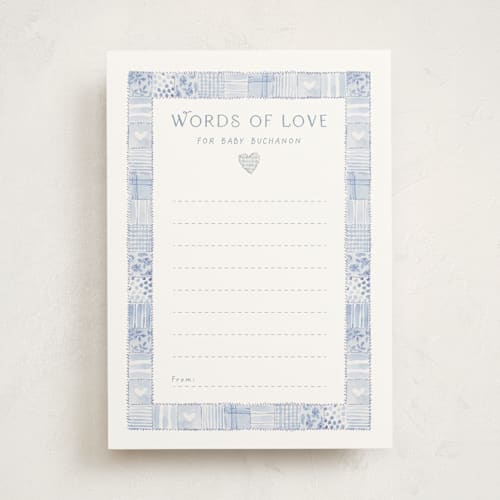 This is a blueberry baby shower activity cards with standard by frau brandt called soft quilt printing on signature in standard