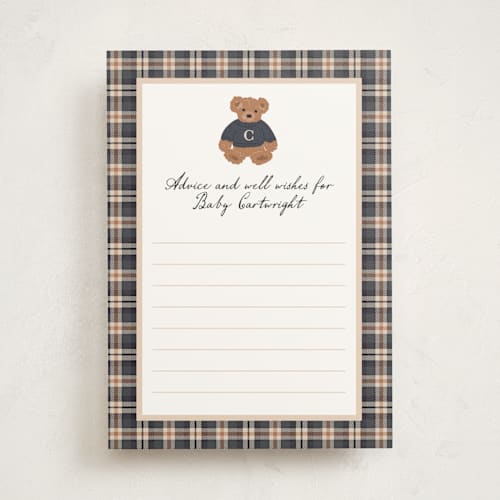 This is a navy baby shower activity cards with standard by Erin German called teddy bear monogram printing on signature in standard