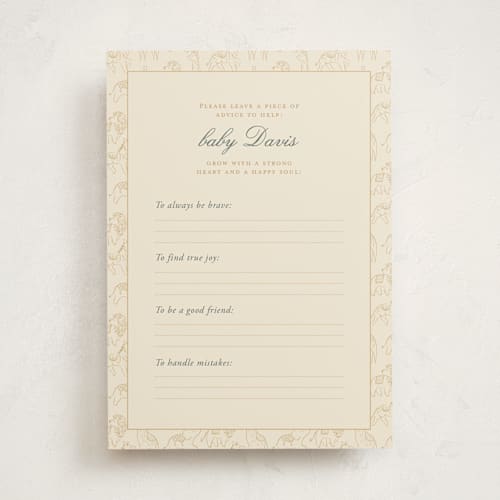 This is a vanilla baby shower activity cards with standard by Sabrin Deirani called carousel of sweet beginnings printing on signature in standard