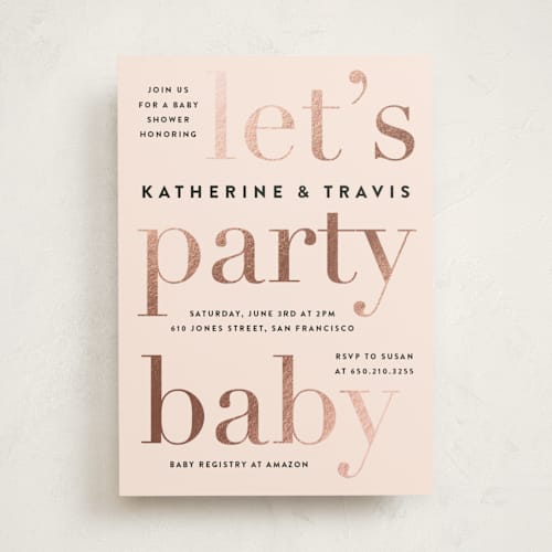 This is a pink lemonade foil stamped baby shower invitations with foil pressed by Jennifer Lew called laud printing on signature in standard