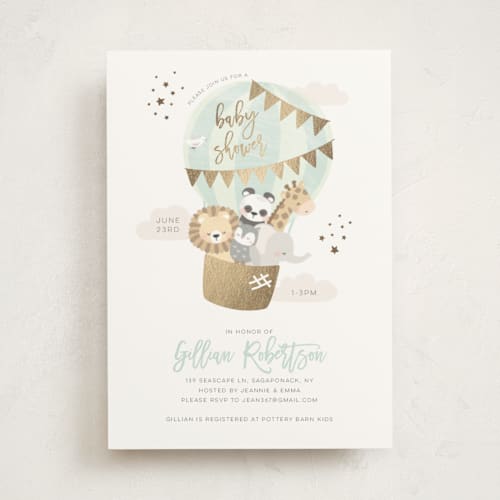 This is a seafoam foil stamped baby shower invitations with foil pressed by peetie design called baby balloon ride printing on signature in standard