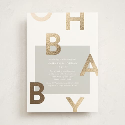 This is a pebble foil stamped baby shower invitations with foil pressed by Robert and Stella called mod baby printing on signature in standard