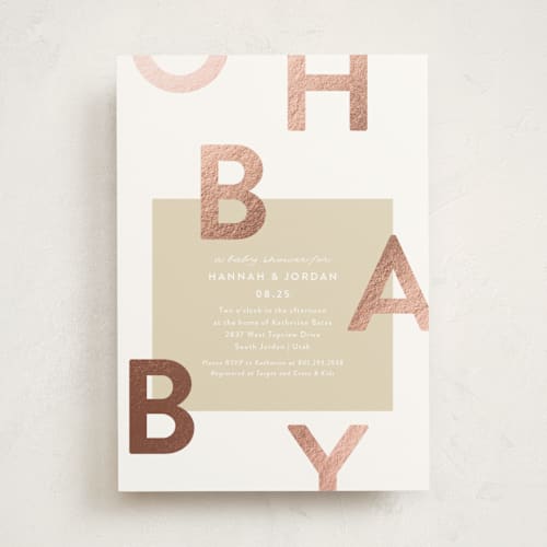 This is a buttercream foil stamped baby shower invitations with foil pressed by Robert and Stella called mod baby printing on signature in standard