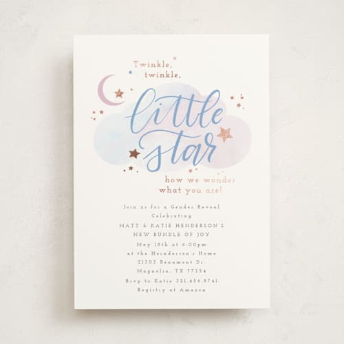 This is a hydrangea foil stamped baby shower invitations with foil pressed by Itsy Belle Studio called little star printing on signature in standard