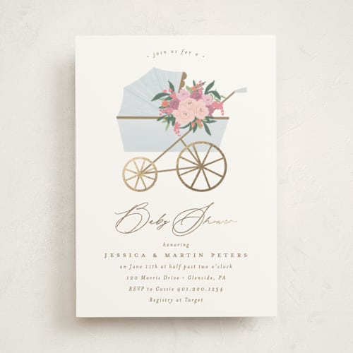 This is a cloud foil stamped baby shower invitations with foil pressed by Everett Paper Goods called pram bouquet printing on signature in standard