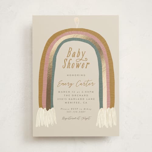 This is a cream foil stamped baby shower invitations with foil pressed by Joanna Griffin called rainbow child printing on signature in standard