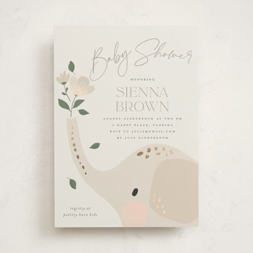 This is a taupe foil stamped baby shower invitations with foil pressed by Vera Lim called floral elephant printing on signature in standard