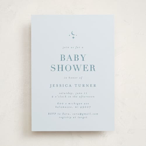 This is a orion foil stamped baby shower invitations with foil pressed by Jd Ptlo called moon & stars printing on signature in standard