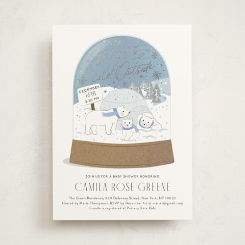 This is a sparkle foil stamped baby shower invitations with foil pressed by Jennifer Lew called winter bears printing on signature in standard