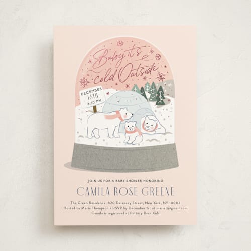 This is a blush foil stamped baby shower invitations with foil pressed by Jennifer Lew called winter bears printing on signature in standard