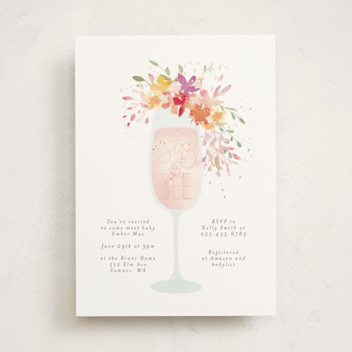This is a vibrant foil stamped baby shower invitations with foil pressed by Itsy Belle Studio called botanical sip n see printing on signature in standard