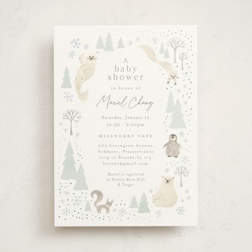 This is a seafoam foil stamped baby shower invitations with foil pressed by Jennifer Wick called arctic friends printing on signature in standard
