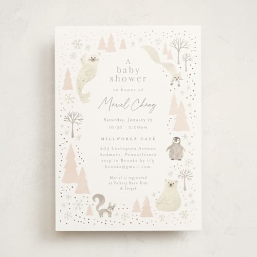 This is a blush foil stamped baby shower invitations with foil pressed by Jennifer Wick called arctic friends printing on signature in standard