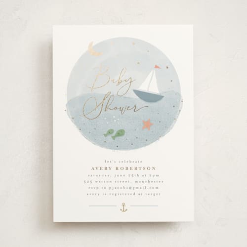 This is a pond foil stamped baby shower invitations with foil pressed by Jen Tips called set sail printing on signature in standard