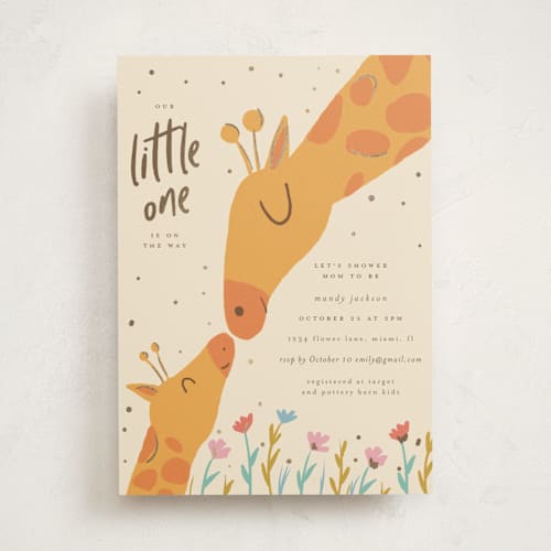 This is a seashell foil stamped baby shower invitations with foil pressed by Vera Lim called baby giraffe printing on signature in standard